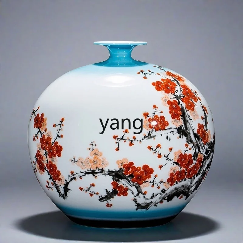 Yjq ceramic hand-painted pomegranate vase plum opening Wufu vase flower arrangement Chinese entrance porcelain ornament