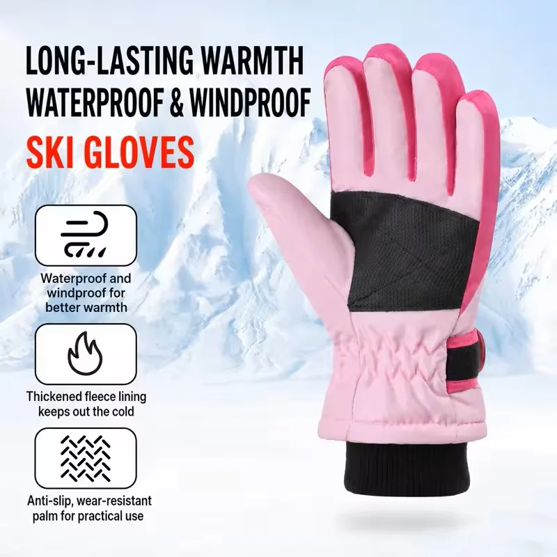 3-15Y Kids Winter Ski Gloves Waterproof Windproof Children Snow Gloves for Boys Girls Warm Fleece Lining Sports Finger Gloves