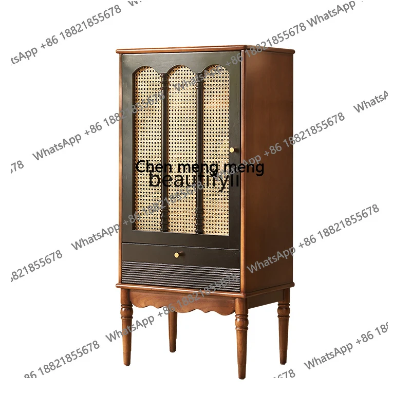 

Medieval solid wood side cabinet Small apartment rattan door American French drawer chest cabinet Living room display cabinet H