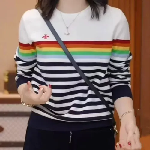 여성용 빈티지 스트라이프 통근 스웨터, 세련된 자수, 느슨한 울 니트 풀오버, 가을 겨울 패션 