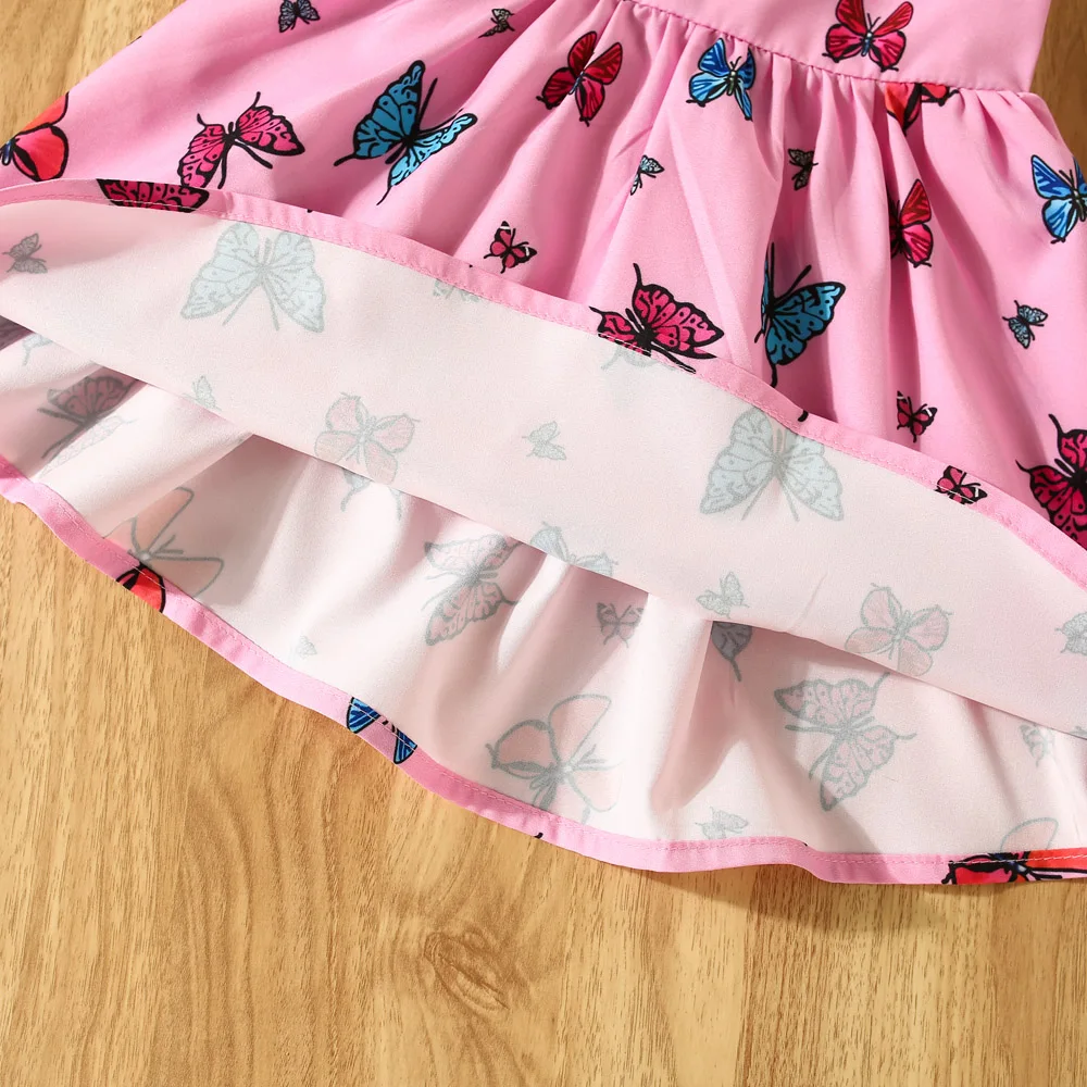 Summer New Girls\' Butterfly Print Bow Suspender Dress Baby Girl Korean Version Dress With Same Headband Included