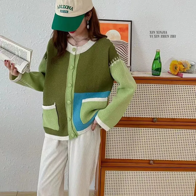 Jesień Zima Casual Duże Kieszenie Luźny Sweter O-neck Odzież Damska Moda Patchwork Gruby Ciepły Miękki Wełniany Dzianinowy Kardigan