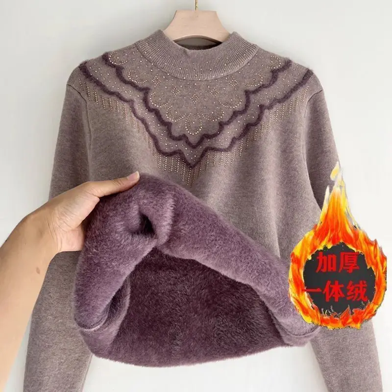 Damski sweter polarowy zimowy, gruby, zintegrowany polar, luźny sweter dla mamy, półgolf, dzianinowy, ciepły, do noszenia na dole, bluzka dla seniorów.