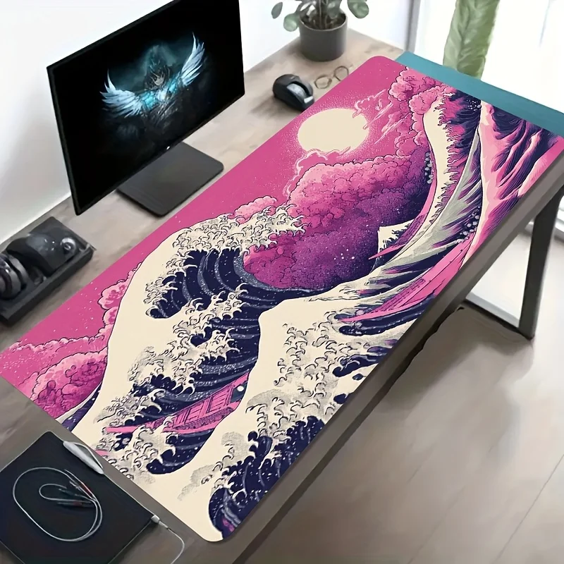 HOMDEC Metal Craft Large Gaming Mouse Pad Pink Ocean Wave Pattern Non Slip Washable Rubber Base Computer Desk Decor Accessory