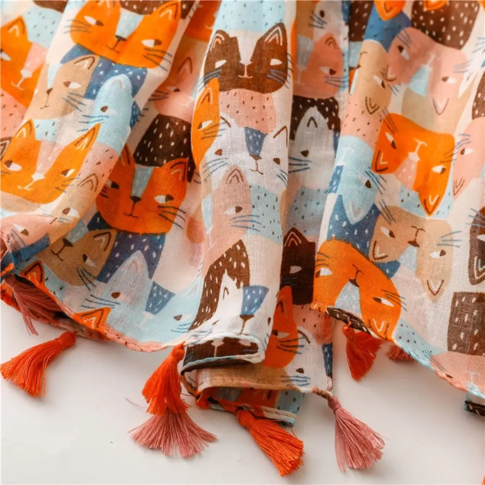 

Long Cat Pattern Tassel Scarf Bohemian Cartoon Printed Silk Scarf Kitten Animals Patterns Animal Print Scarves Spring/Summer