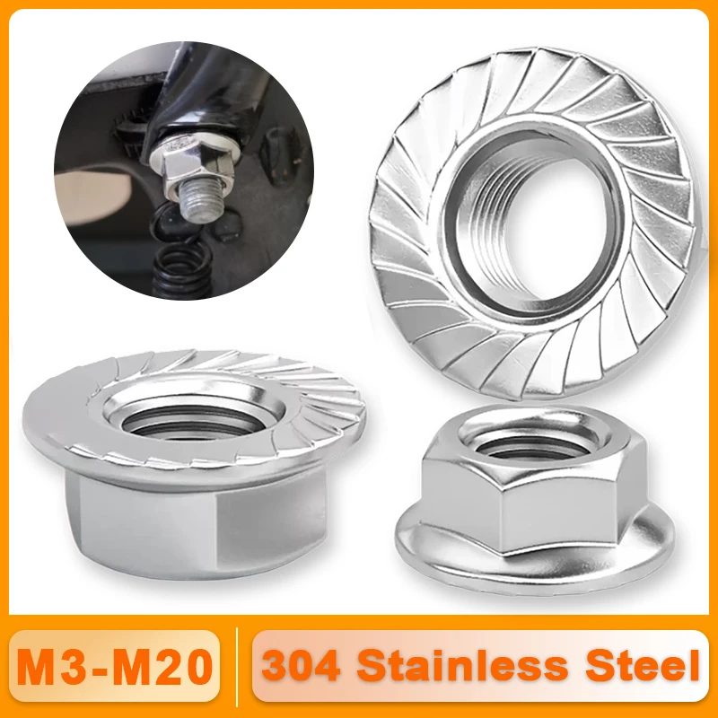 DIN6923 Quality Hexagon Flange Nut M3 M4 M5 M6 M8 M10 M12 M16 M20 Serrated Spinlock Flange Nuts 304 Stainless Steel Lock Nut