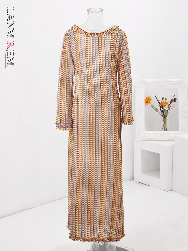 Платье LANMREM женское с открытой спиной, модное приталенное, с кружевом, контрастных цветов, с длинным рукавом, 32C825, лето 2024