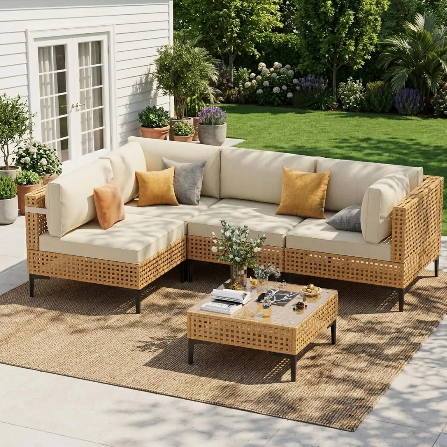 

Patio Furniture Set 5 Piece Wicker Outdoor Patio Furniture Sets with Anti Slip Cushions Coffee Table Boho Patio Conversation
