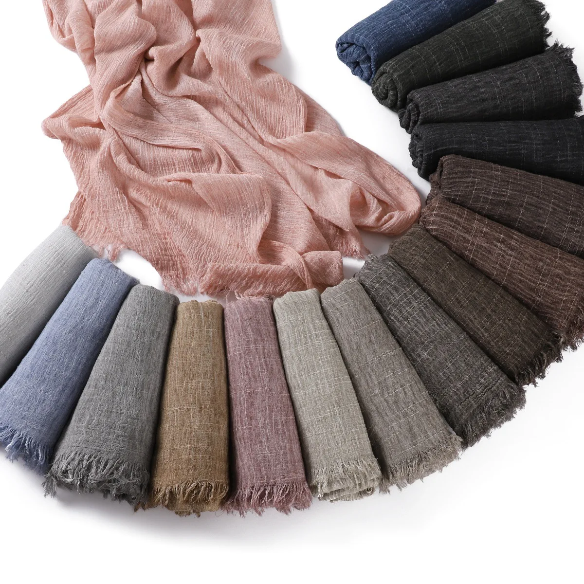 2025 New High Quality Solid Color Wrinkle Muslim Women Hijab Scarf Ramadan Shawl Headband Turban Islamic Hijabs Wraps Tassels