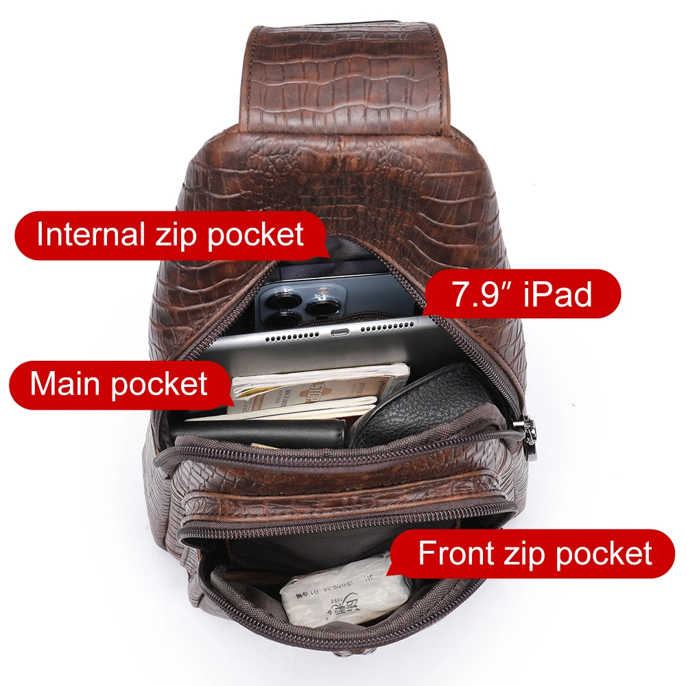 Imagem -06 - Westal Couro Genuíno Crossbody Sling Bolsa dos Homens Croco em Relevo Bolsa Peito Bolsas de Ombro à Prova Impermeável Água Preto para Viajar