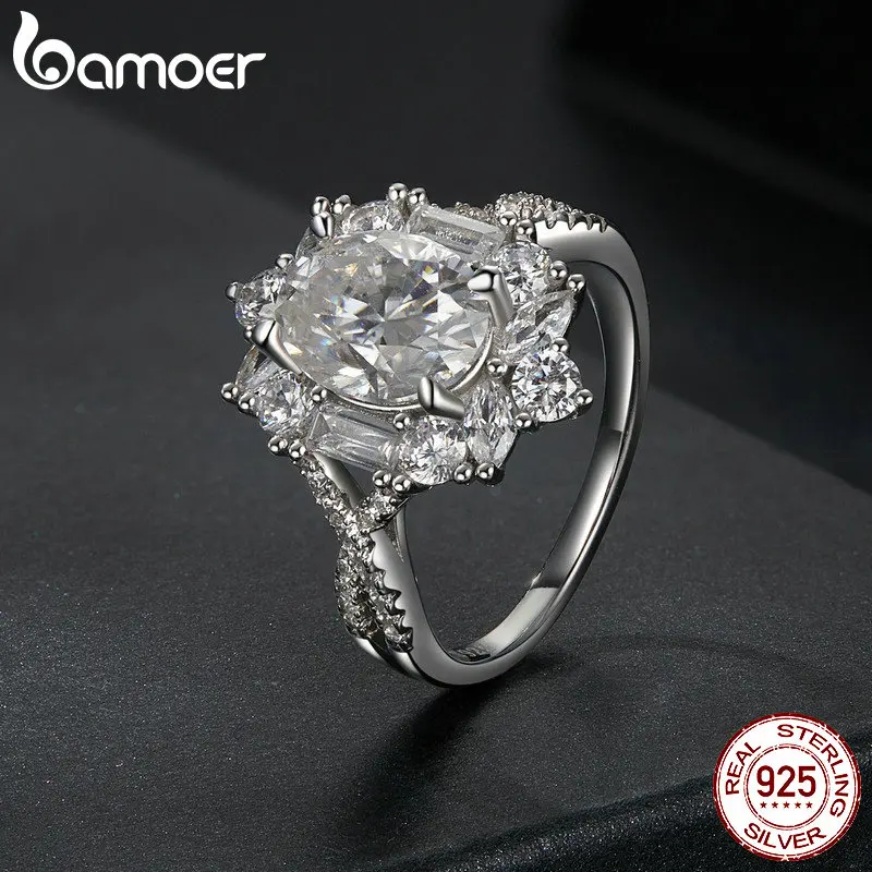 BAMOER Sparkling Luxury Solitaire Moissanite Engagement Ring, 2CT D Color 925 Sterling Silver with 18K White Gold Plated Ring
