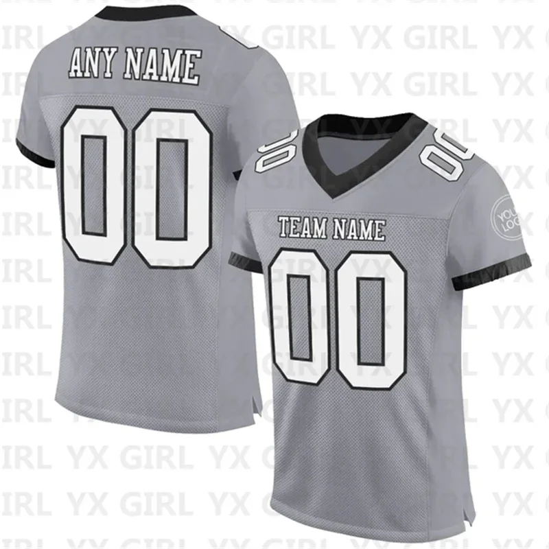 Custom Gray White-Black Mesh Authentic Football Jersey Personlized Team name and you name number V-Neck Football T-Shirts