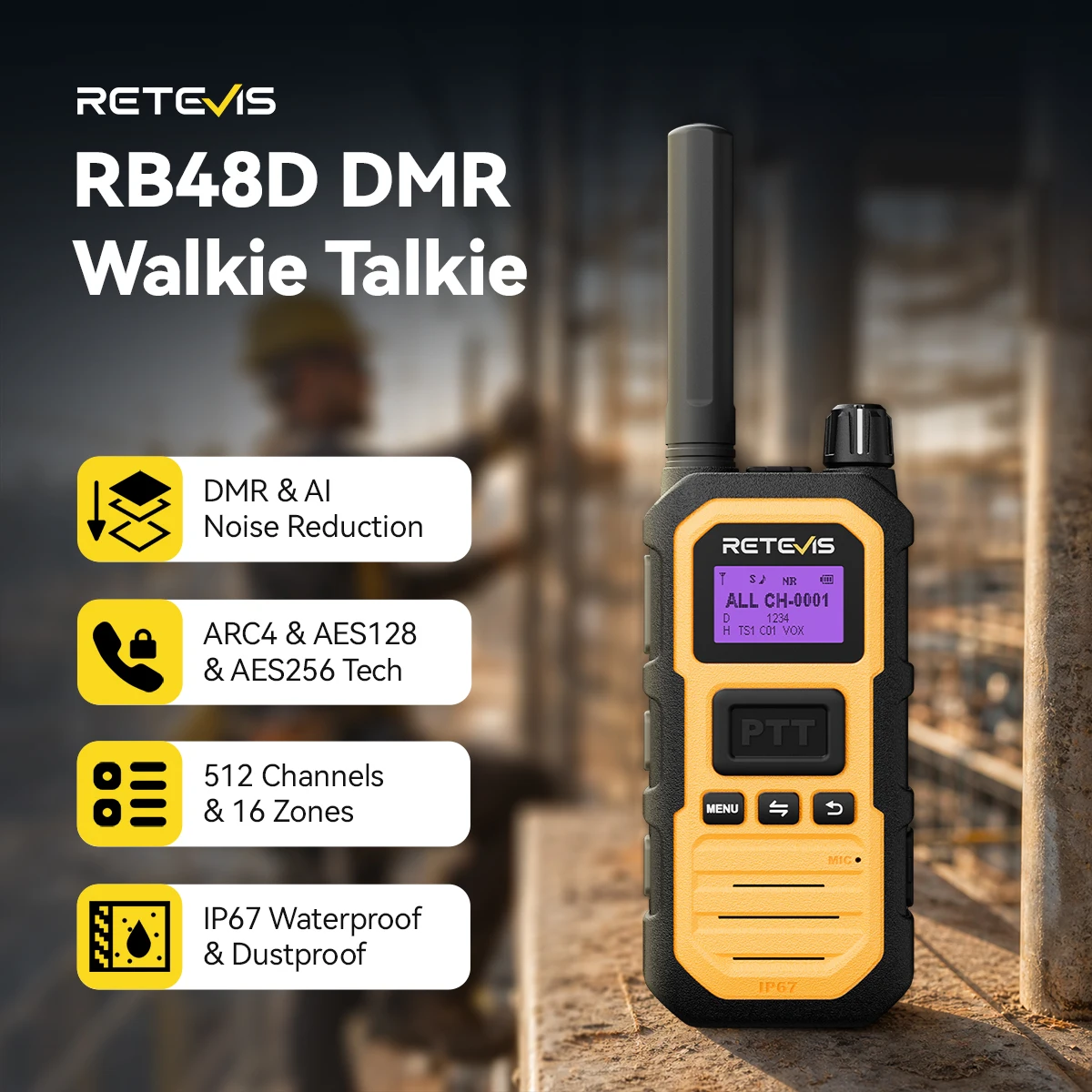 Retevis RB48D DMR Digital Walkie Talkie Dual Mode Digital IP67 Waterproof Dustproof Two Way Radio for Construction Factory