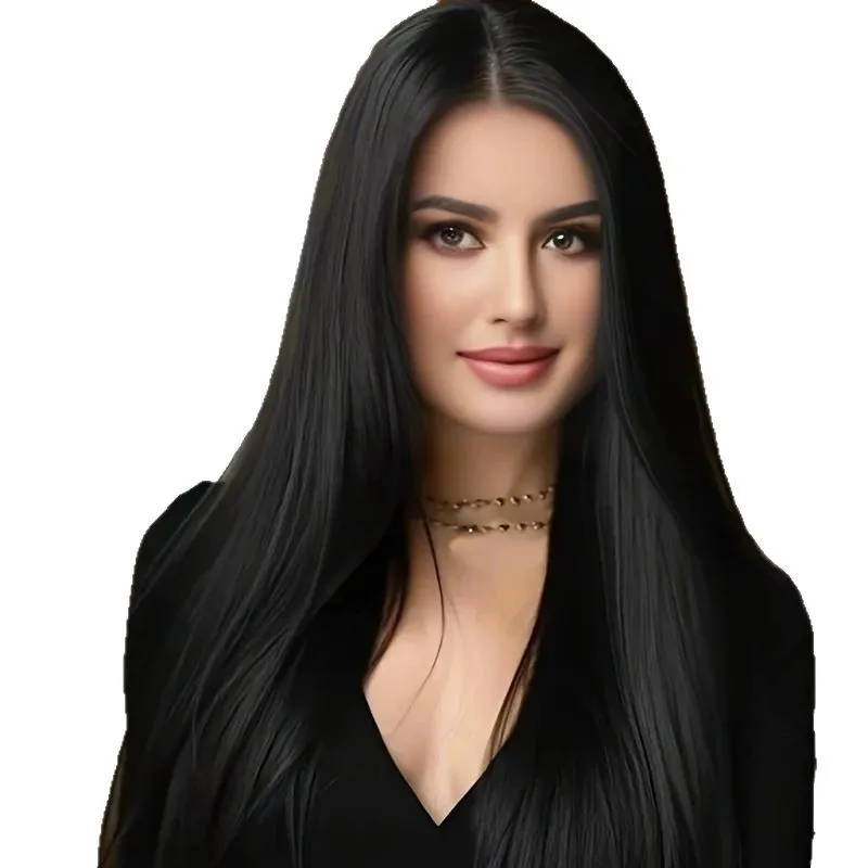 شعر مستعار طبيعي كامل للنساء لتغطية الرأس بالكامل، شعر طويل على الموضة الأوروبية والأمريكية، شعر طويل أسود مستقيم، فراق متوسط #5