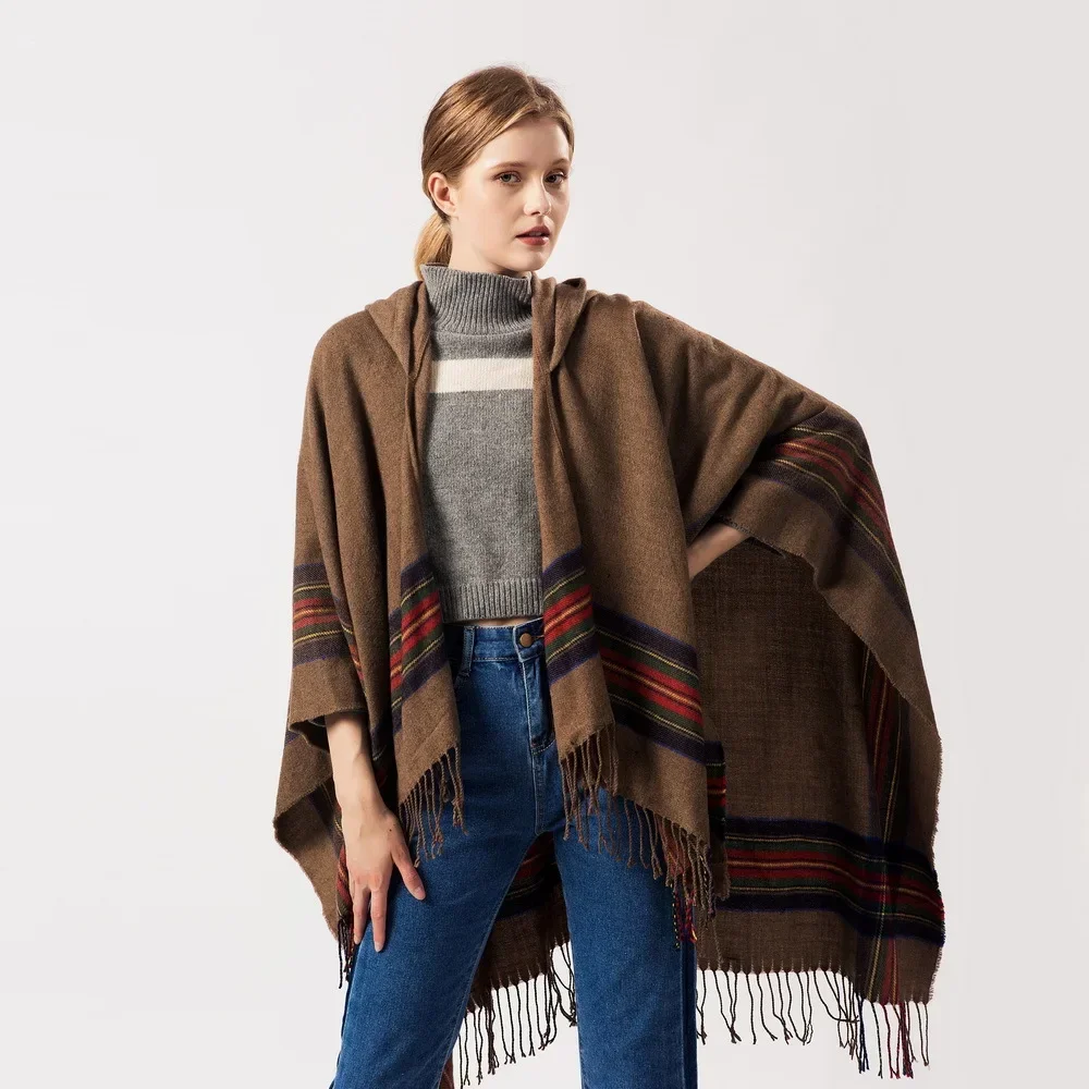 Autumn Winter Women Imitation Cashmere Jacquard Shawl Can Wear Warm Lengthened Fashionable Hooded Cloak Ponchos Capes Khaki