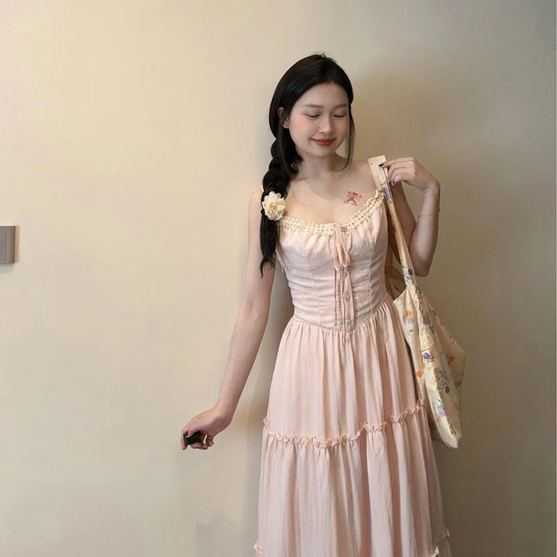 Pink Patchwork Camis Dress Women Sexy Chic Spaghetti Strap Long Dress Korean Fashion All Match Square Neck Casual Slim Vestidos