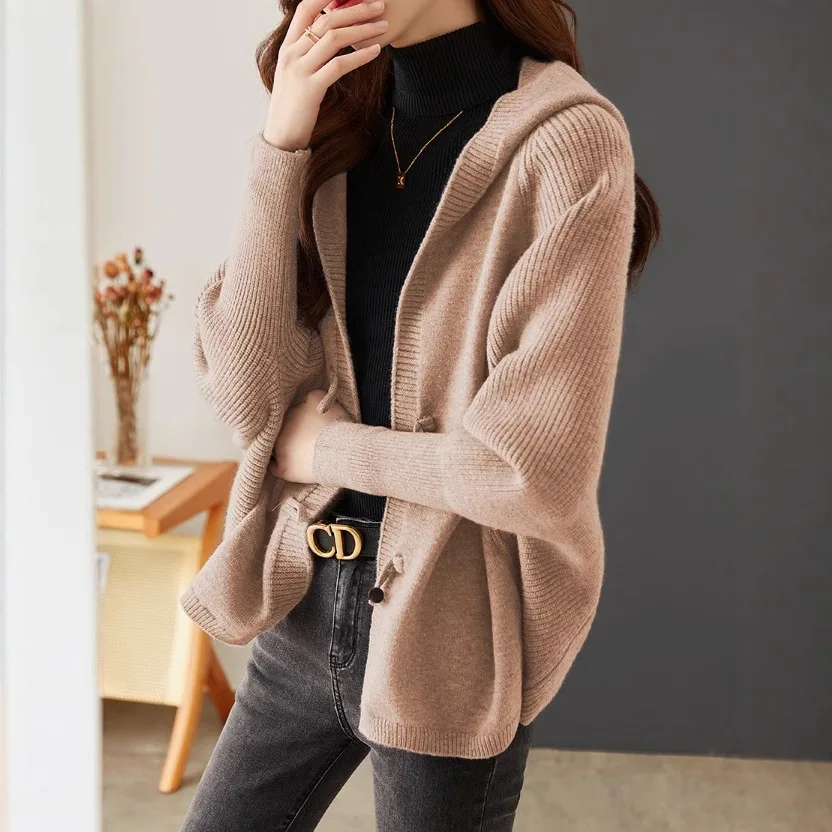 BOWEYLUN, chaqueta cárdigan de punto para ir al trabajo de Color sólido, Tops informales holgados con capucha y botones de cocodrilo para primavera y otoño para mujer