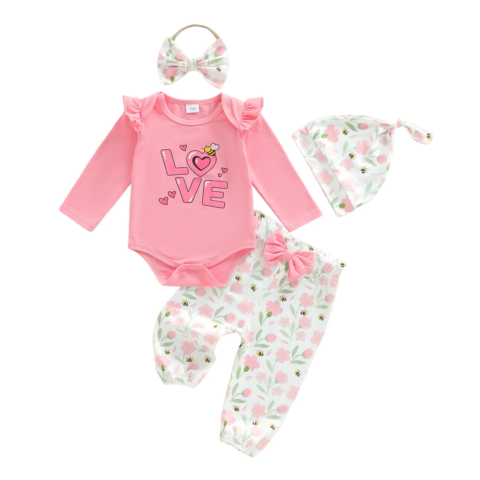 

Baby Girl Valentines Outfit Heart Letter Bee Print Long Sleeve Romper Flower Pants Cap and Bow Headband 4 Pcs Set
