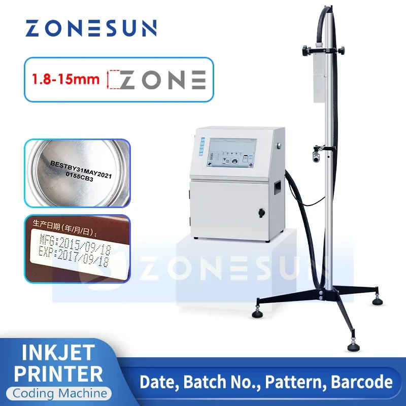 ZONESUN Coding Machine Tabletop Inkjet Printer 15mm QR Barcode Batch Date Serial Number Logo Pattern Touch Screen ZS-TIP15