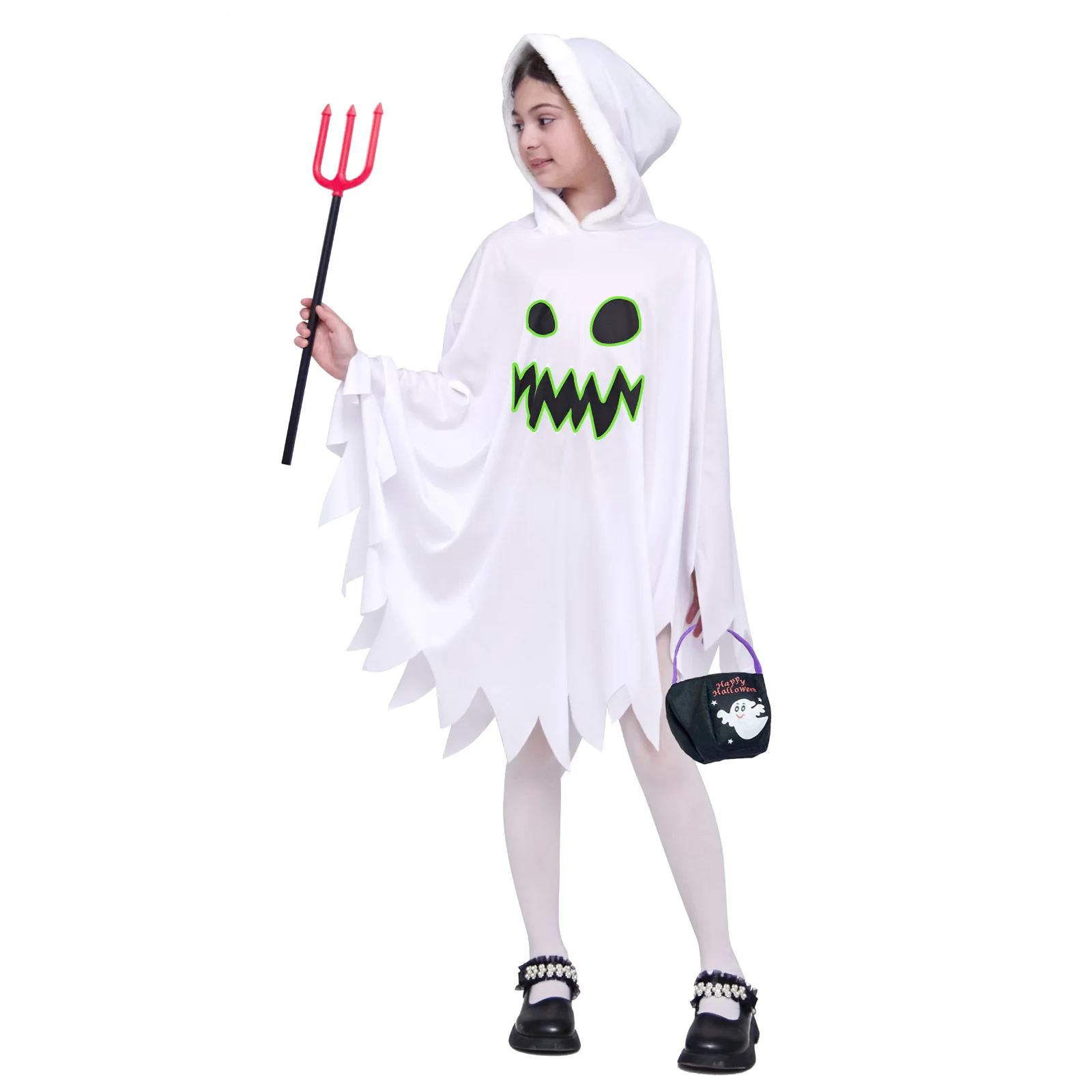 GC10036  Kids Ghost White Cloak Halloween Costume with Handbang  Children's White Glowing In Night Cloak Halloween Cosplay Theme