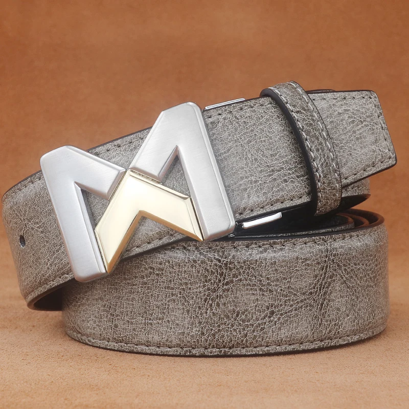 High Quality Gray 3.8CM Wide Genuine Leather Slide Buckle Letter Designer Belts Men Brand Luxury Young Men Jeans Ceinture Homme