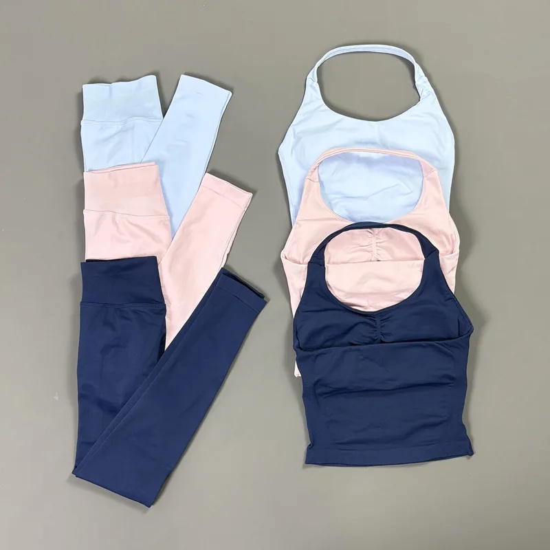 2Pcs HISTELLO Seamless Women Yoga Sports Set Padded Halter Tank Top Butt Lifting Scrunch Leggings Fitness Pilates Gym Sportswear