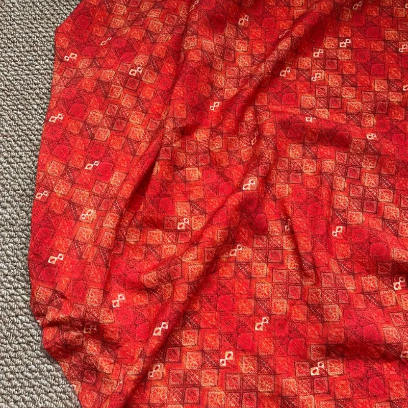 Rayon Linen Cotton Blend Fabric Dark Red Diamond Grid Print New Chinese Style Cheongsam Dress Material Customizable Vintage