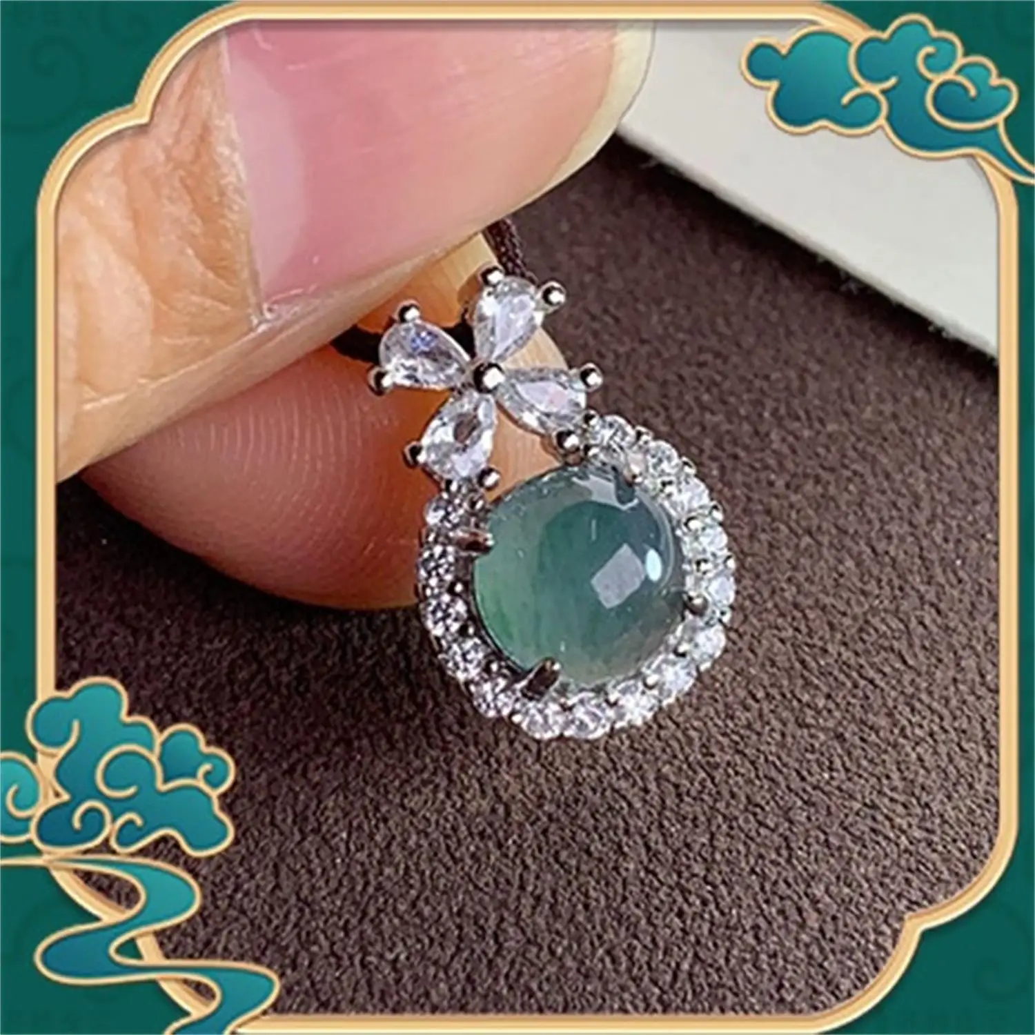 Guatemalan Blue Water Jadeite Cabochon Pendant Gold Plated Rhinestone Flower Design Grade A Natural Luxury Charm Necklace Women