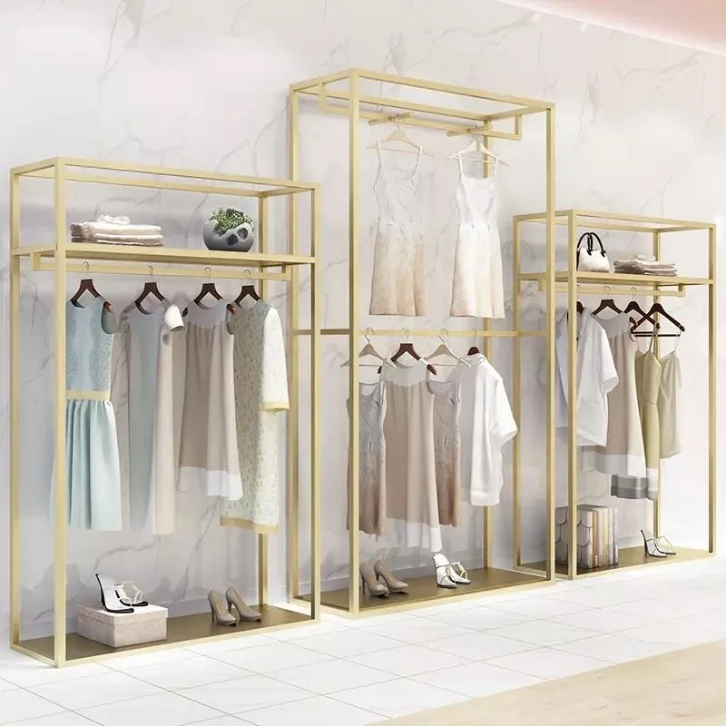 Gold Metal Clothes Display Racks para mulheres, Garment Shop, Custom, Design de moda, Loja de móveis