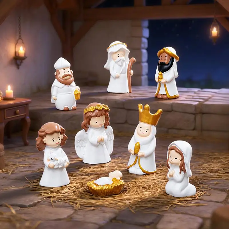 Figuras de Resina da Sagrada Família Pintadas à Mão em Estilo Cartoon, Decoração Miniatura para Casa de Bonecas, Ornamentos de Mesa em Miniatura