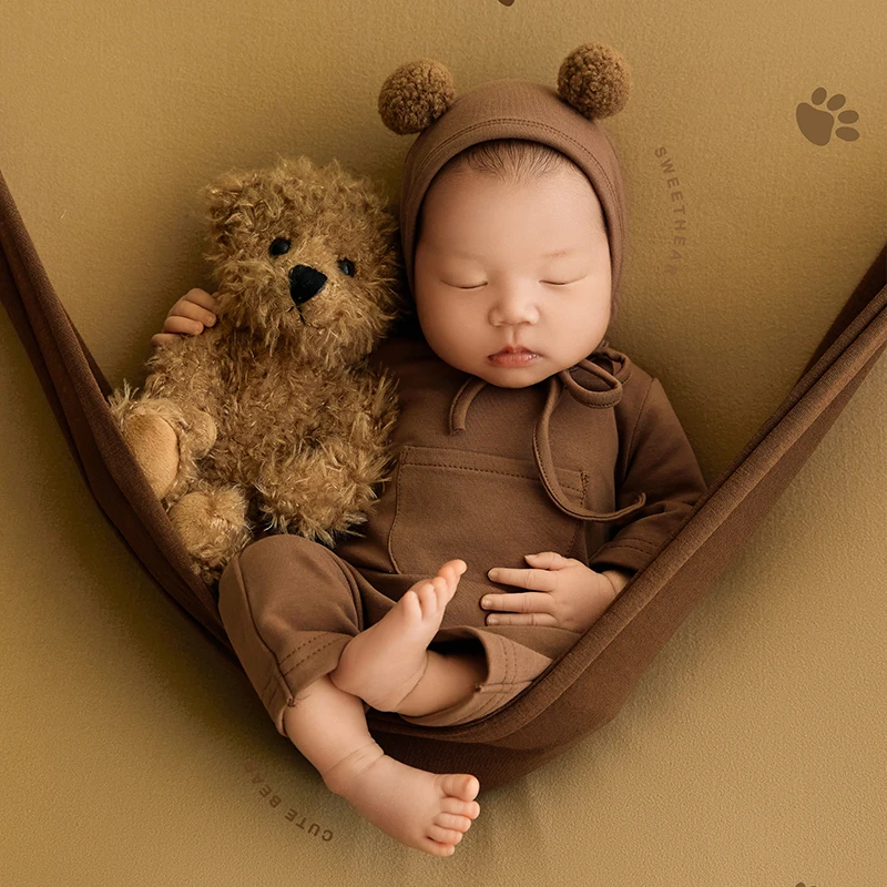 Cute Bear Doll Props Newborn Photography Bear Hat + Clothing Set Baby Posing Background Prop Studio Photo Shooting Accessories