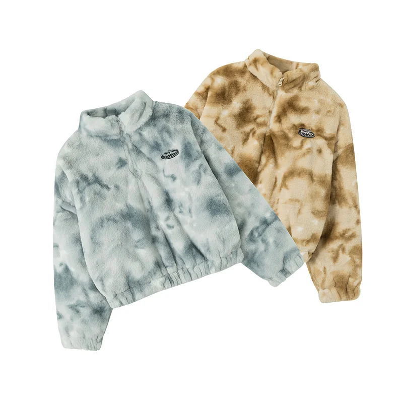 Schattige Pluche Tie Dye Opstaande Kraag Kleine Menigte Katoenen Jas Meisjes Modemerk Street Herfst En Winter Nieuwe Top