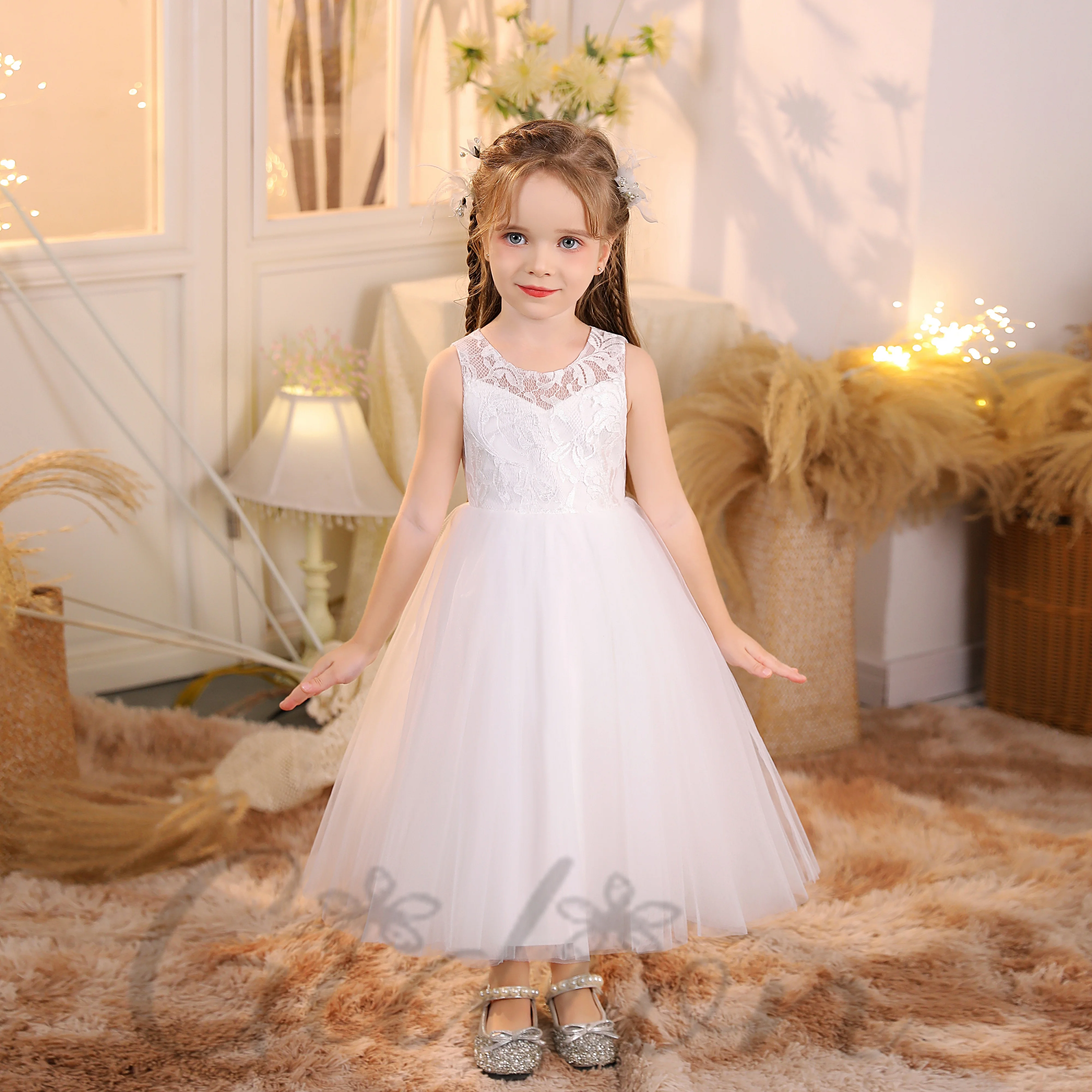 

Lace/Tulle Princess Flower Girl Dress For Kids First Communion Wedding Ceremony Prom Night Evening-Gown Birhtday Party Banquet