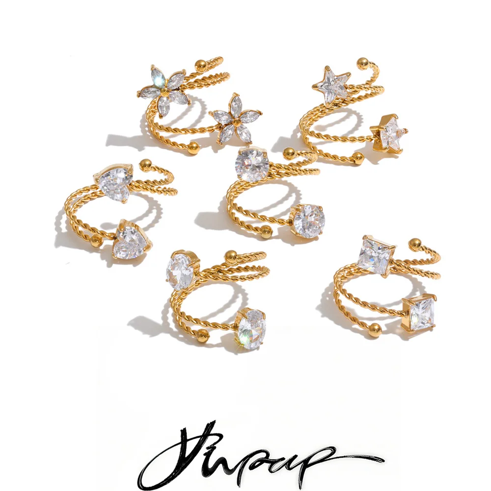 Yhpup Edelstahl Verstellbarer Manschettenring Sterne Blume Herz Zirkonia Mehrschichtig Modischer Goldener Fingerschmuck Geschenk