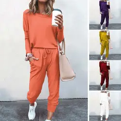 Sporty Outfit Polyester Long Sleeve Solid Color Women Fall Pullover Tops Pants Set Sweatshirt Sweatpants Set Keep Warm