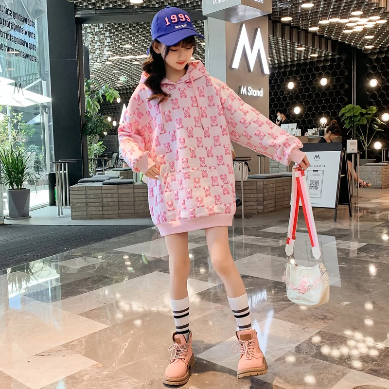 Cartoon Bear Children's Plus Size Long Sleeve Sweater New Luxury Design Girls Dress With Hood Collar Recommended By Bloggers