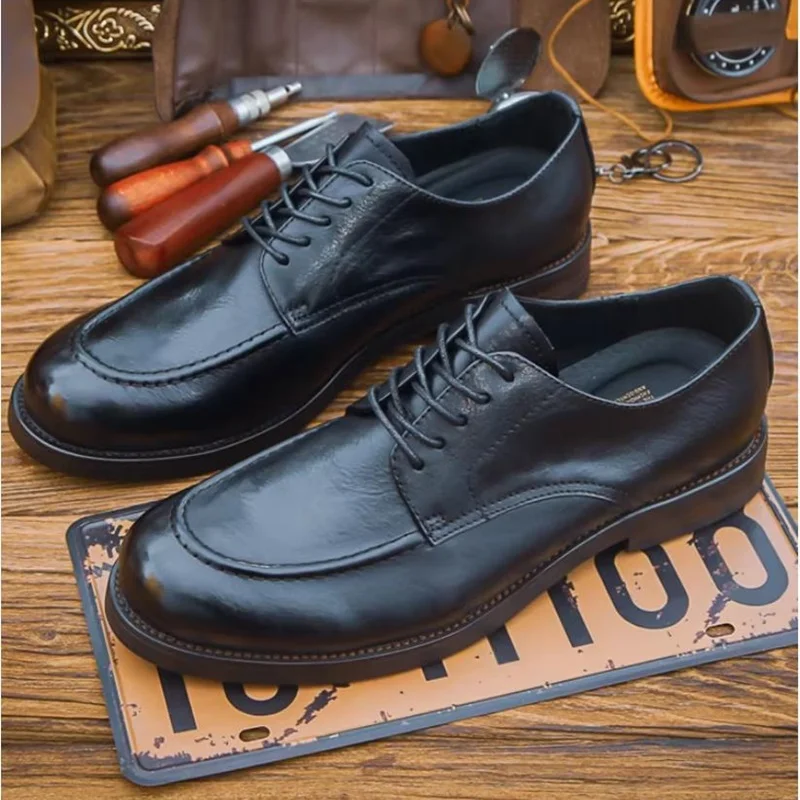 New Lace-up Business Men Casual Leather Dress Shoes Korean Style Genuine Leather Derby Shoes Breathable Male Office Shoes