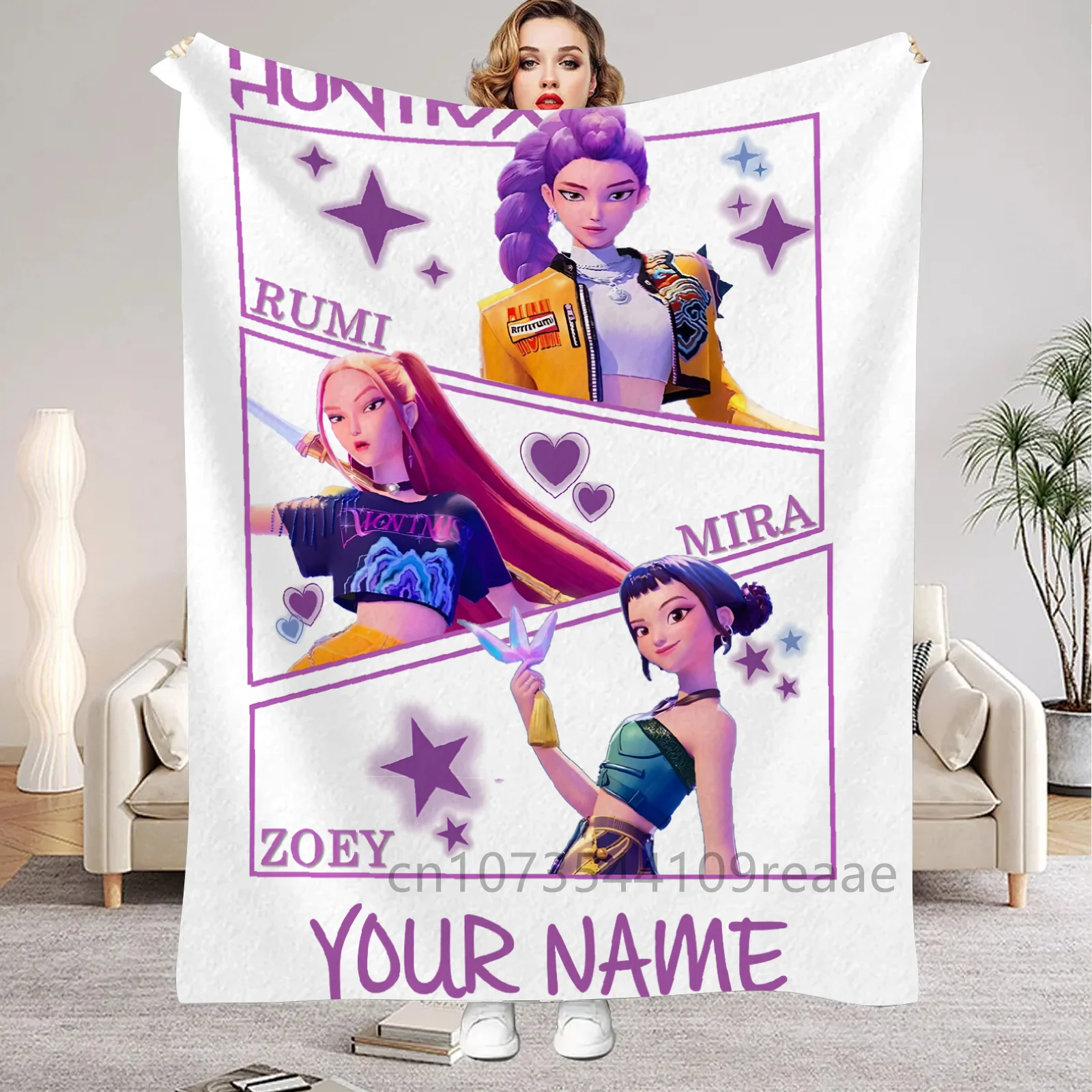 

K Pop Demon Hunters Customize Name Flannel Blankets For Girls Boys Living Room Bedroom Sofa Bithday Gifts Soft Throw Blanket