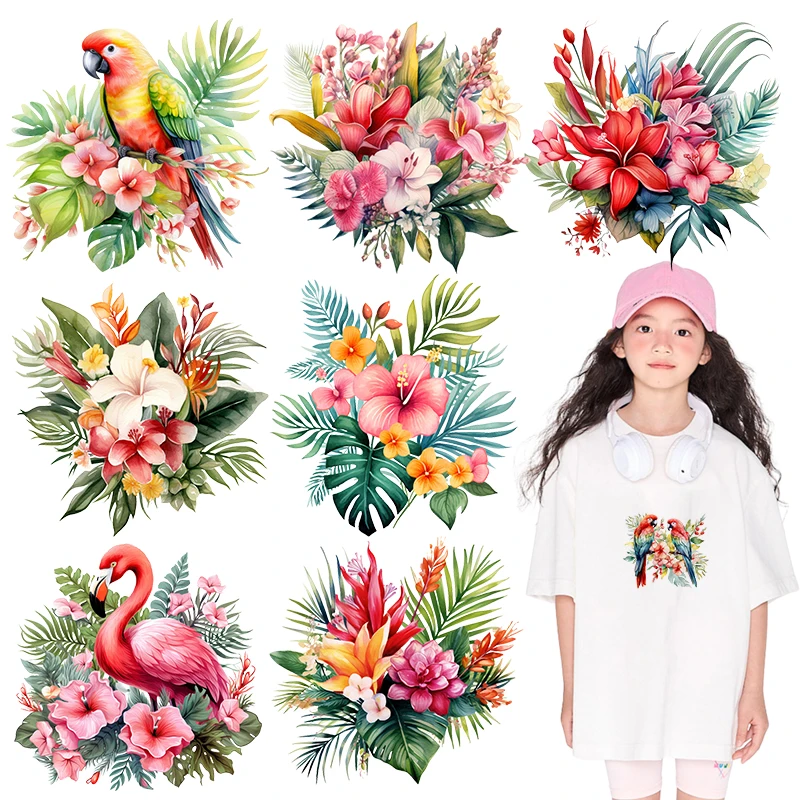 Tropical Rainforest Parrot Bouquet Flamingo dtf Heat Transfer On Clothes transfers ready to press Children's clothing