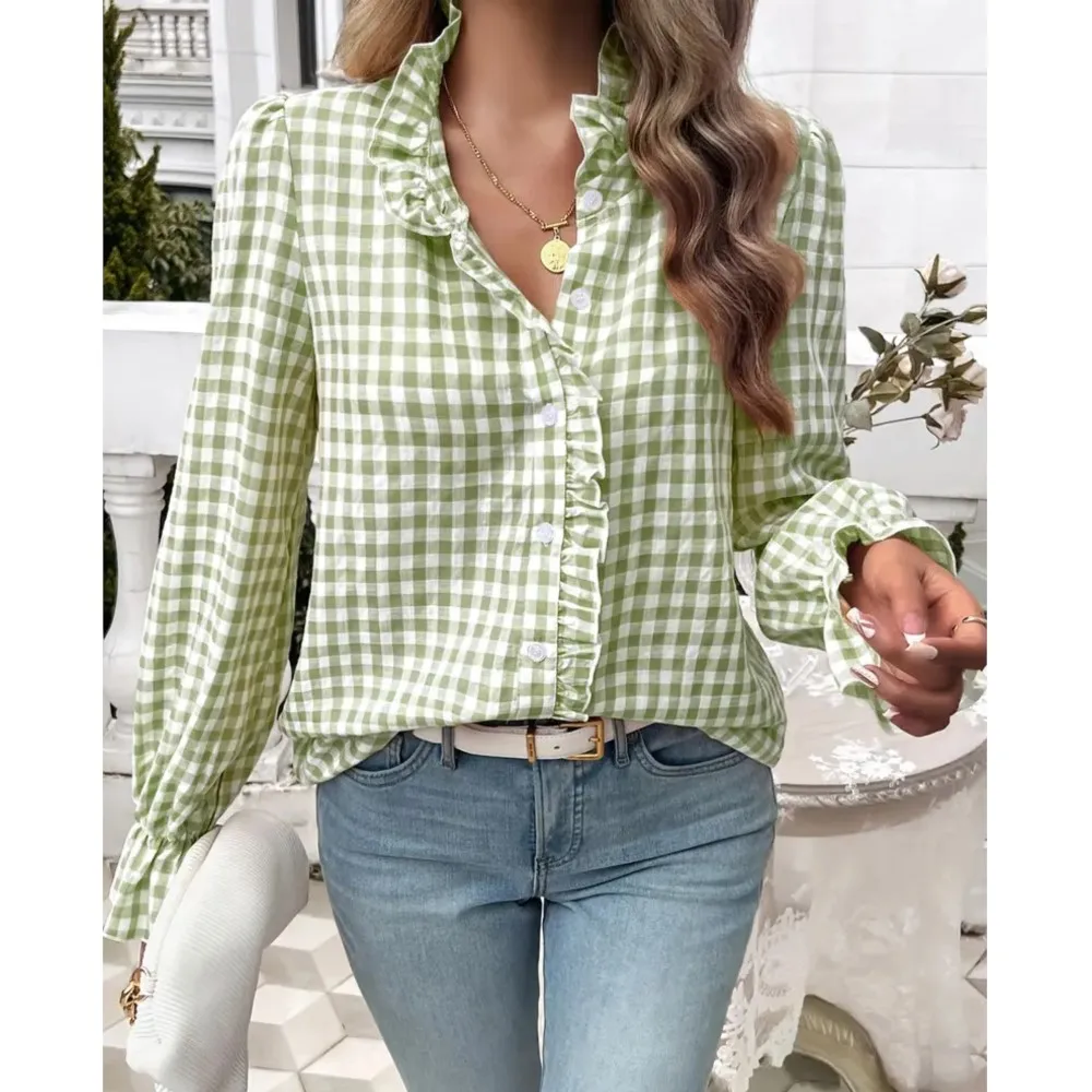 Champignon bord col montant Plaid à manches longues chemise femmes printemps automne décontracté ample simple boutonnage femme polyvalent chemise hauts