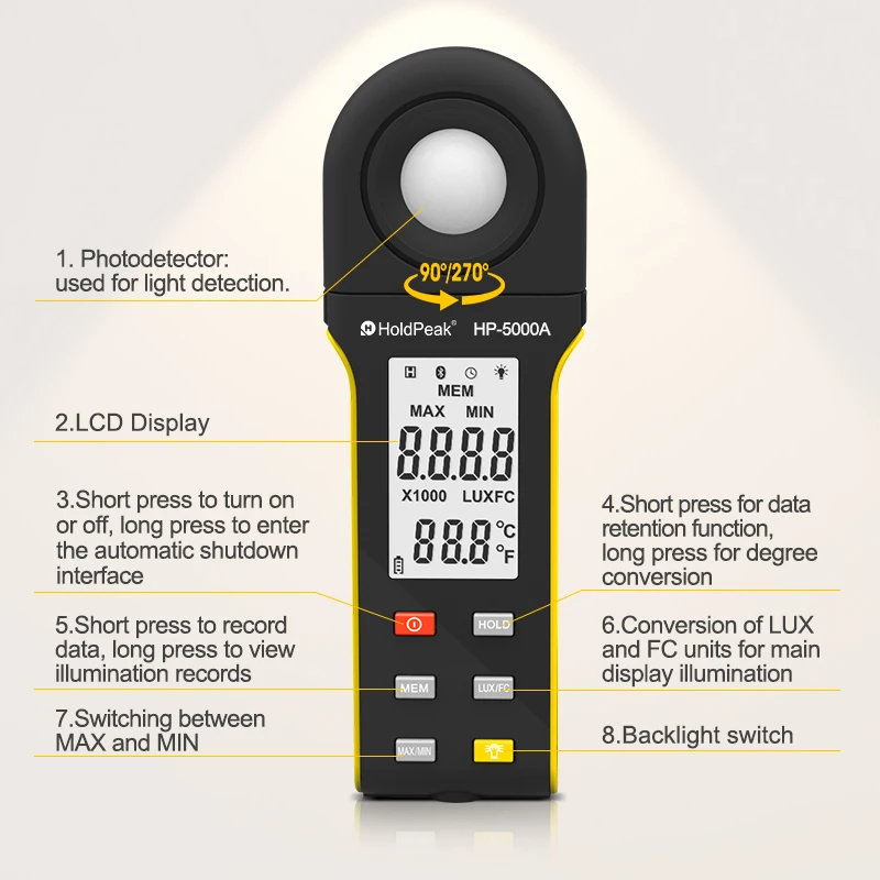 Imagem -03 - Holdpeak-luxmeter de Alto Desempenho Versátil Preciso e Recurso Rico para Medição e Análise de Luz Profissional Hp5000a