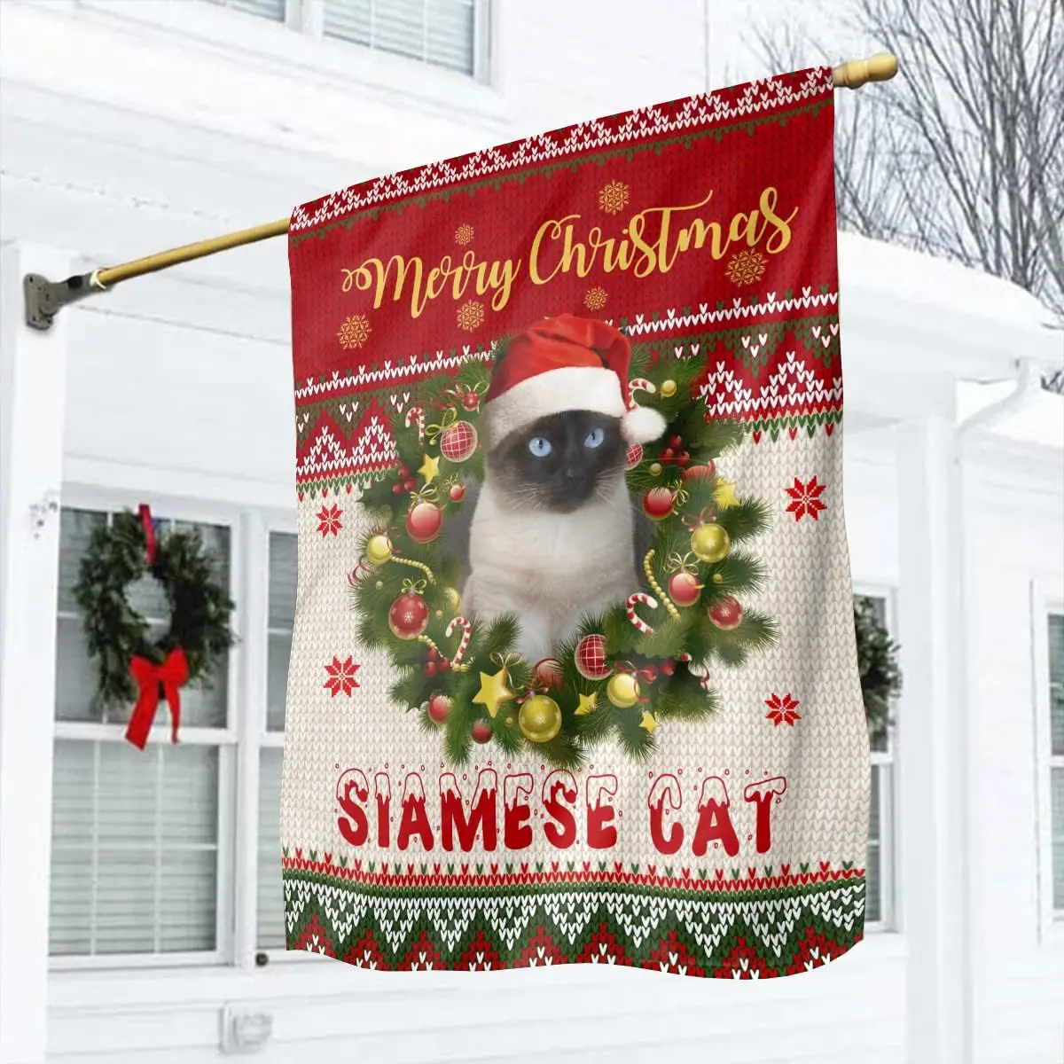 Siamese Cat Merry Christmas House Flag, Siamese Cat On Winter Wreath Xmas Garden Flag, Siamese Cat Wearing Santa Hat Wall Flag F