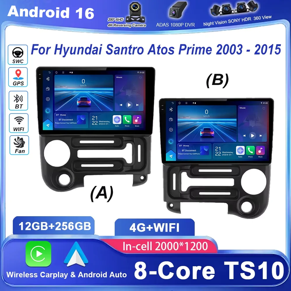 Rádio Estéreo Android 16 para Hyundai Santro Atos Prime 2003-2015, Reprodutor Multimídia Automotivo com GPS, Navegação, Unidade Principal com Tela QLED 4G
