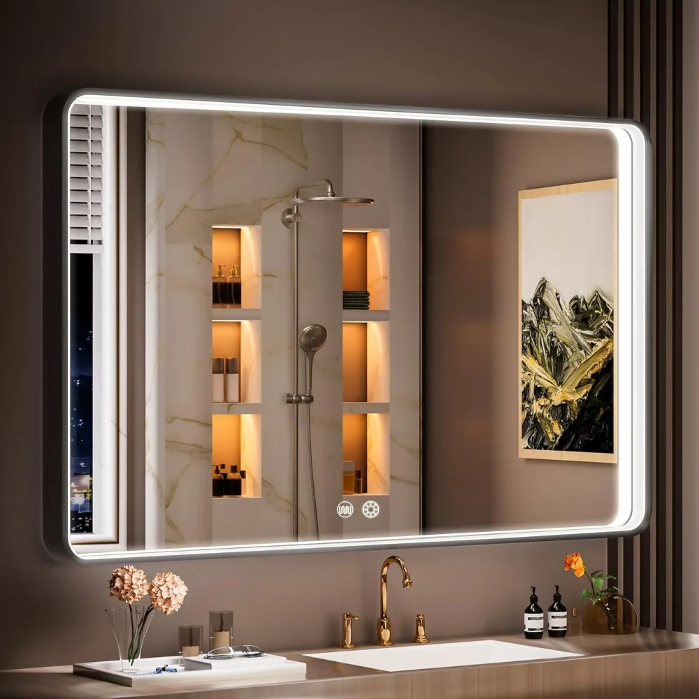 

48" X 30" LED Bathroom Mirror with Lights, Rounded Rectangle Aluminum Alloy Frame LED Vanity Mirror, 3 Colors and Stepless