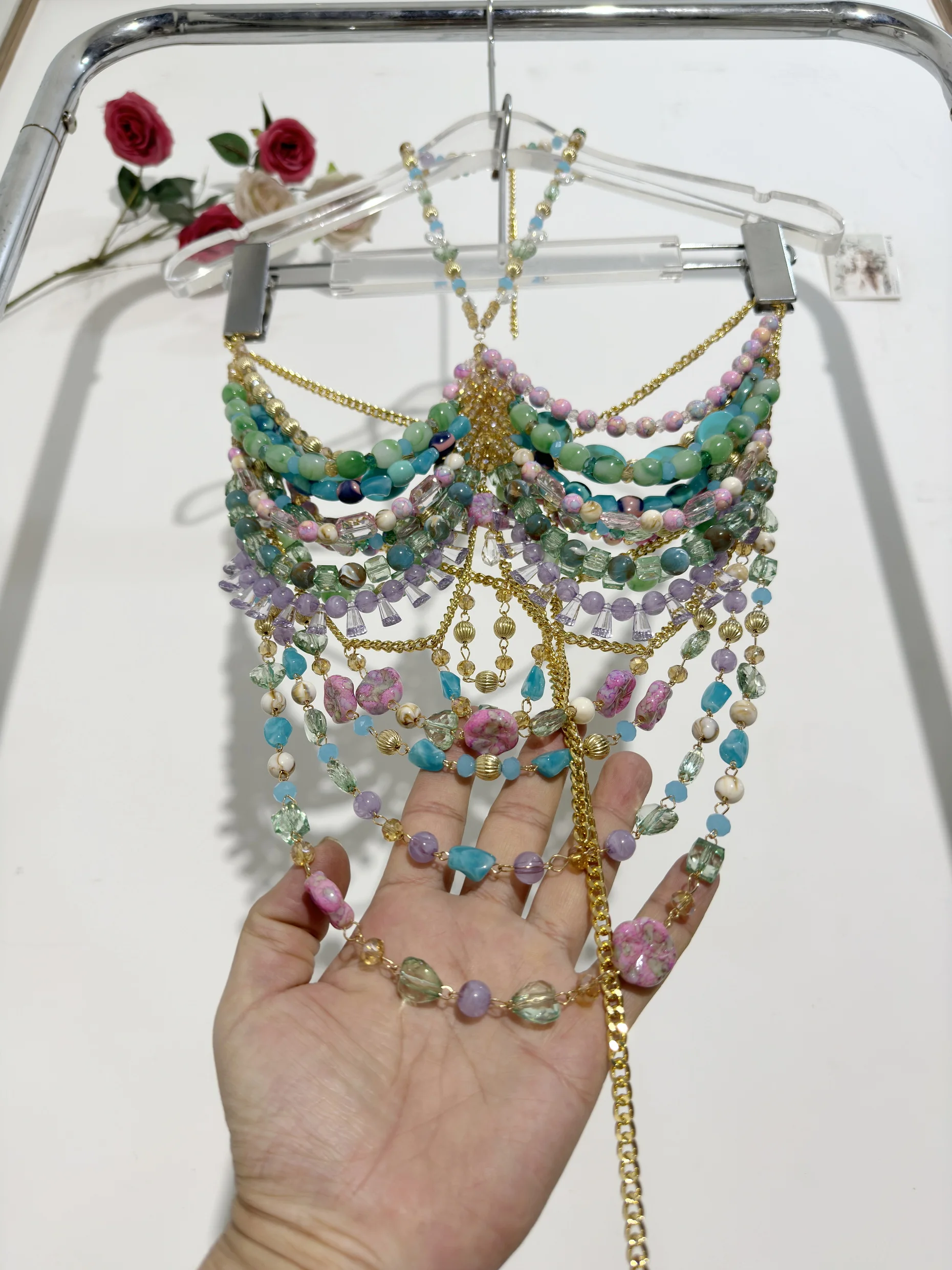 Hot Sexy Women Handmade Turquoise Lavender Multi Stone Bead Body Chain Bikini Bra Hlater Romantic Tank Top Beachwear Lingeie