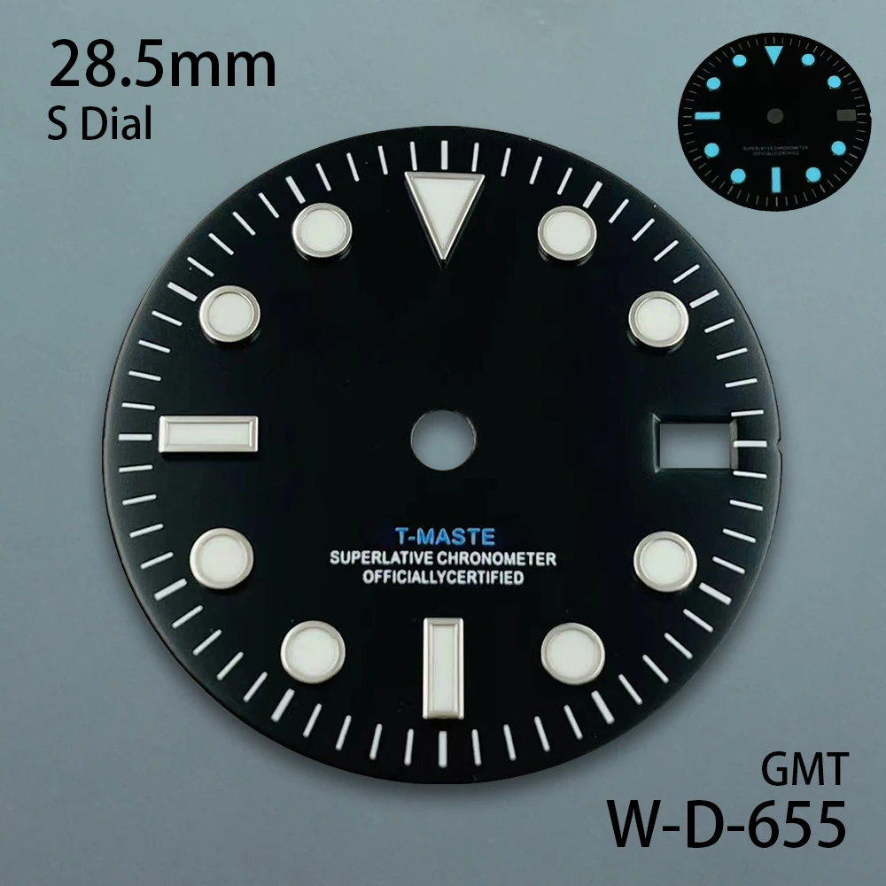 28,5 mm S-logo GMT zwarte wijzerplaat geschikt voor NH34 Japan-beweging ijsblauwe lichtgevende horlogemodificatieaccessoires