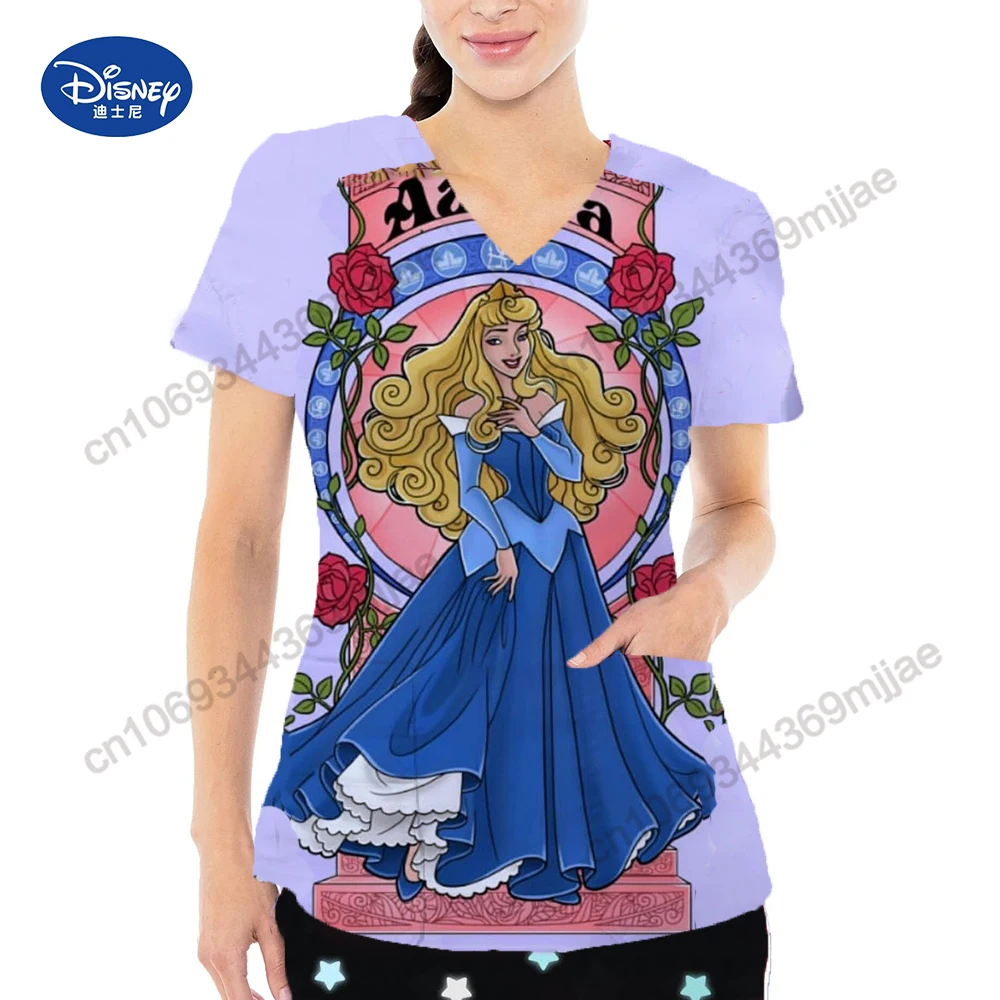 Camiseta feminina com padrão Disney Cartoon, bolso duplo, gola em v, roupas estilo design Y2K, tops confortáveis, verão, novo