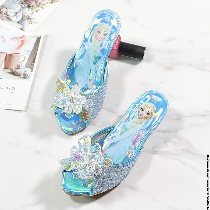 Disney Elsa Girls\' High Heel Slippers New Summer Fashion Children\'s Sandals Cute Little Girl Crystal Princess Shoes Gift