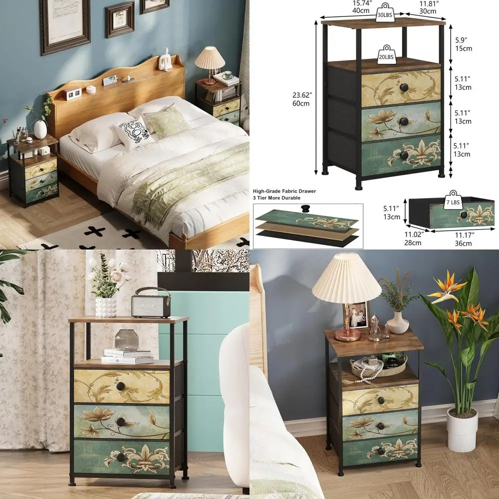 

Vintage Fabric-Covered 3-Drawer Nightstand, Storage Side Table for Bedroom or Living Room