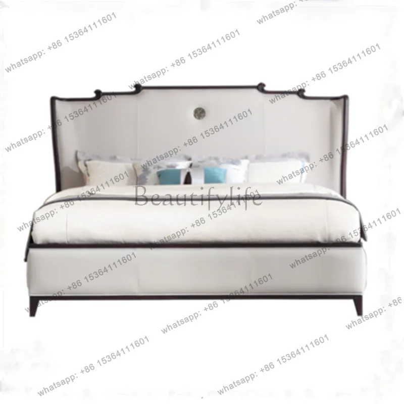 New Chinese light luxury all solid wood leather double bed wedding bed 1.8 meters bedroom modern and simple